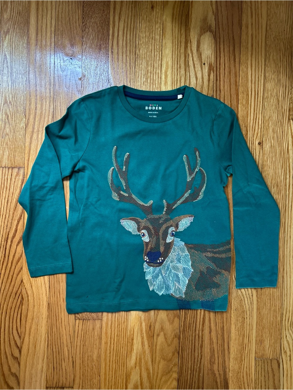Mini Boden Teal Long-Sleeve Reindeer Sequin Top